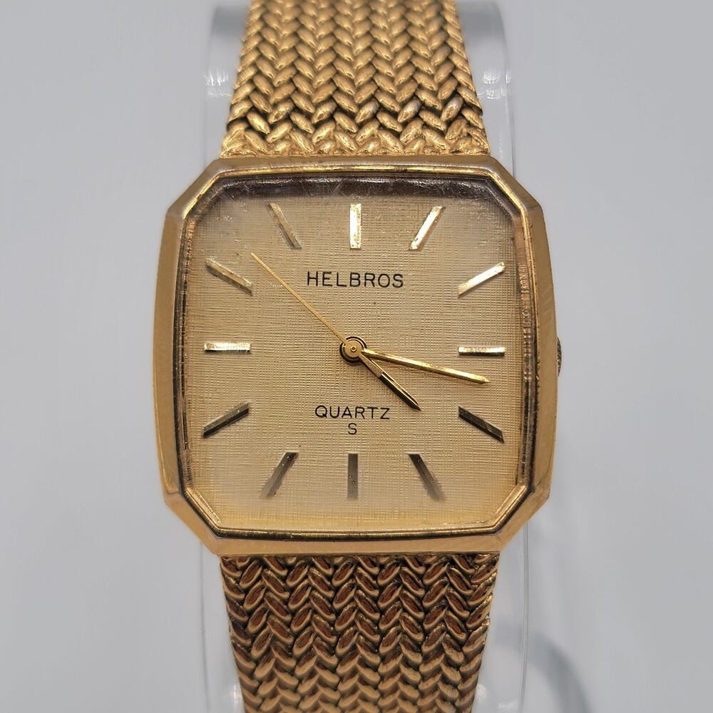 Vintage Mens Helbros Quartz S gold Tone Mesh Style Band Running.